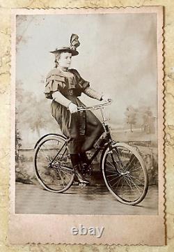 ORIGINAL! YOUNG AMERICAN GIRL ON HER BICYCLE CABINET PHOTOGRAPH c1886