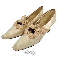 Old Victorian Edwardian White Kid Leather Silk Pearl Pumps Bridal Wedding Shoes