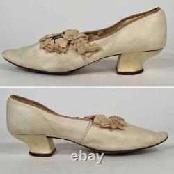 Old Victorian Edwardian White Kid Leather Silk Pearl Pumps Bridal Wedding Shoes