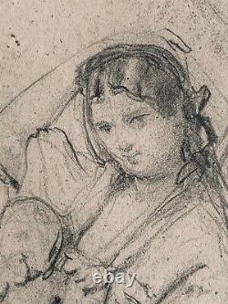 Original Antique Pre-Raphaelite ca. 1850 Pencil Drawing of Mother and Child