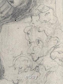 Original Antique Pre-Raphaelite ca. 1850 Pencil Drawing of Mother and Child