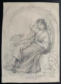 Original Antique Pre-Raphaelite ca. 1850 Pencil Drawing of Mother and Child