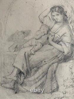 Original Antique Pre-Raphaelite ca. 1850 Pencil Drawing of Mother and Child