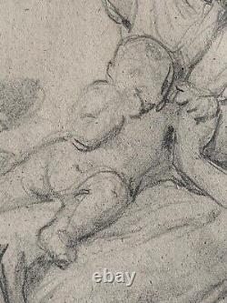 Original Antique Pre-Raphaelite ca. 1850 Pencil Drawing of Mother and Child