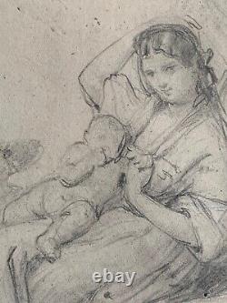 Original Antique Pre-Raphaelite ca. 1850 Pencil Drawing of Mother and Child