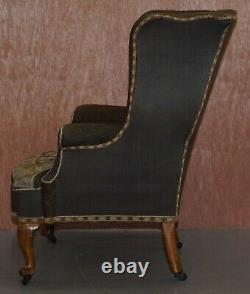 Original Circa 1840 Antique Victorian Wingback Armchair Embroidered Upholstery