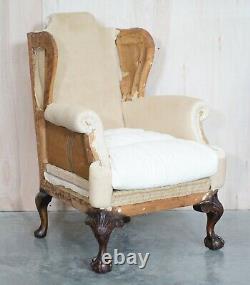 Pair Of Antique Victorian Deconstructed Wingback Armchairs With Claw & Ball Feet