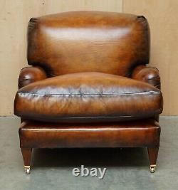 Pair Of Extra Large Howard & Son's George Smith Style Brown Leather Armchairs