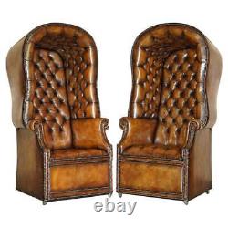 Pair Of Late Victorian Hand Dyed Brown Leather Chesterfield Porters Armchairs
