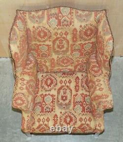 Pair Of Lovely George III Style Wingback Armchairs With Kilim Pattern Uphosltery
