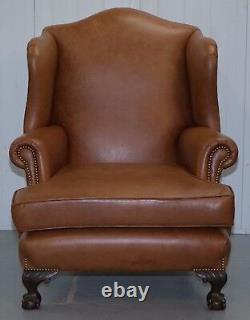 Pair Of Restored Brown Leather Circa 1860 Wingback Armchairs Claw & Ball Feet