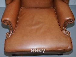 Pair Of Restored Brown Leather Circa 1860 Wingback Armchairs Claw & Ball Feet