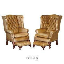 Pair Of Vintage Tan Brown Leather Chesterfield Wingback Chairs With Footstools