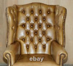 Pair Of Vintage Tan Brown Leather Chesterfield Wingback Chairs With Footstools