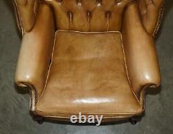 Pair Of Vintage Tan Brown Leather Chesterfield Wingback Chairs With Footstools