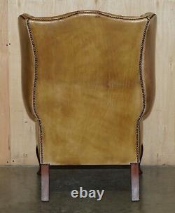 Pair Of Vintage Tan Brown Leather Chesterfield Wingback Chairs With Footstools
