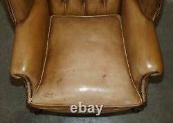 Pair Of Vintage Tan Brown Leather Chesterfield Wingback Chairs With Footstools