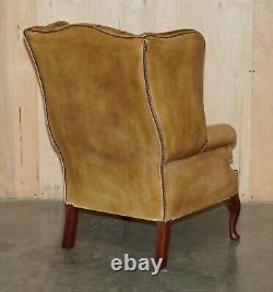 Pair Of Vintage Tan Brown Leather Chesterfield Wingback Chairs With Footstools