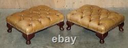 Pair Of Vintage Tan Brown Leather Chesterfield Wingback Chairs With Footstools