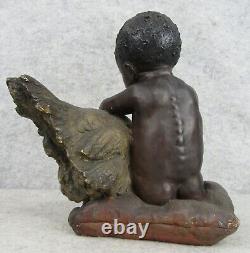 RARE Antique Victorian Black Americana History Child Chicken Chalk Ware Figurine