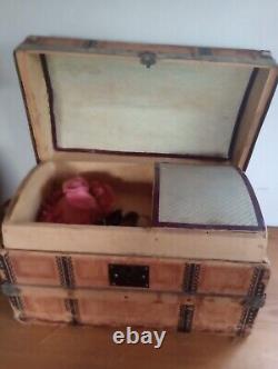 RARE Antique Wooden Trunk Victorian Child Doll Chest W Contents Bisque Clothing