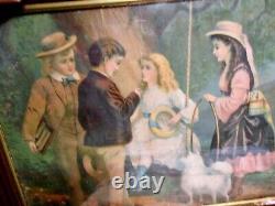 Rare Antique Victorian Walnut Framed Chromolith Children Flirting 1870-80's