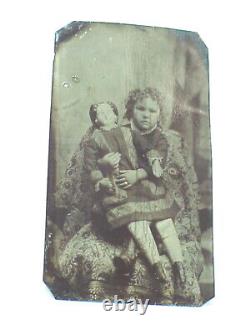 Tintype Of LITTLE GIRL With DOLL As Big as She is