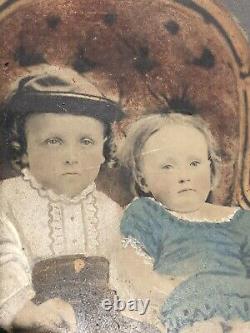 Two Cute Children, Full Plate Antique Tintype Photo Hand Painted Color Folk Art
