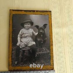 VTG STUDIO photograph CABINET CARD boy BLACK dog hat stool Victorian 1900s 1890s