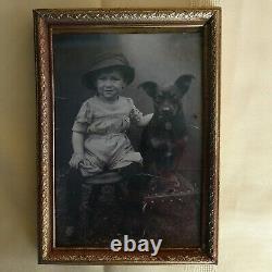 VTG STUDIO photograph CABINET CARD boy BLACK dog hat stool Victorian 1900s 1890s