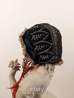 Victorian Child's Velvet Bonnet W Embroidery & Lace Ruffle Brim
