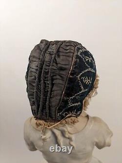 Victorian Child's Velvet Bonnet W Embroidery & Lace Ruffle Brim