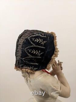 Victorian Child's Velvet Bonnet W Embroidery & Lace Ruffle Brim