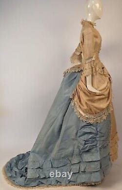 Victorian Late 1870's Blonde + Baby Blue Silk Bustle Dress W Blonde Lace Trims