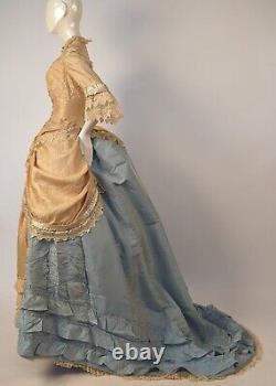 Victorian Late 1870's Blonde + Baby Blue Silk Bustle Dress W Blonde Lace Trims