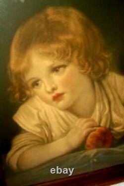Victorian Lithograph Boy With Apple Old Wavy Glass Wood Jean Baptiste Greuze