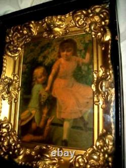 Victorian Lithograph Children Baroque Shadow Box Gilt Gesso Frame Belle Epoque