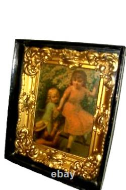 Victorian Lithograph Children Baroque Shadow Box Gilt Gesso Frame Belle Epoque