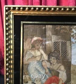 Vintage Antique Victorian Needlework & Silk Painted Children With Kitten