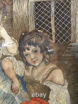 Vintage Antique Victorian Needlework & Silk Painted Children With Kitten