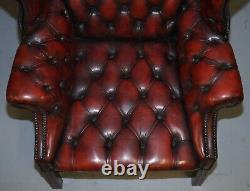 Vintage Restored Oxblood Leather Fully Tufted Chesterfield Wingback Armchair