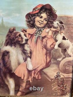 Vtg Antique Victorian Girl Collie Shepherd & Terrier Dog Print Ornate Frame