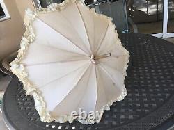 Wonderful Antique VIctorian Child's Or Doll's Ruffled Parasol Wood Handle VGC